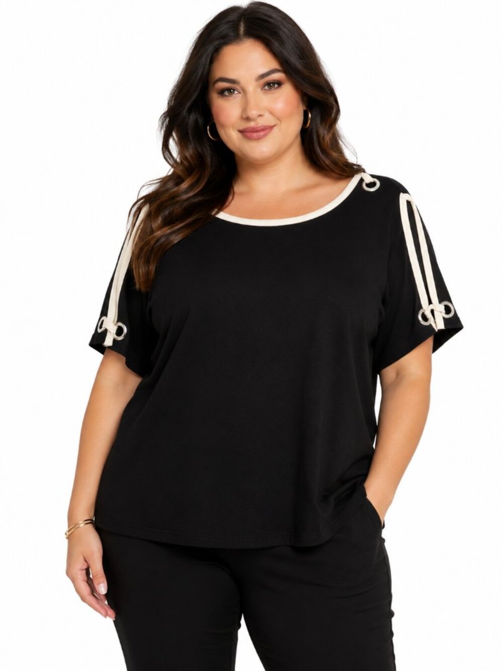 Carmen Marc Valvo Woman 2X Black Tunic Top Contrast Trim Grommet Sleeve Plus Siz